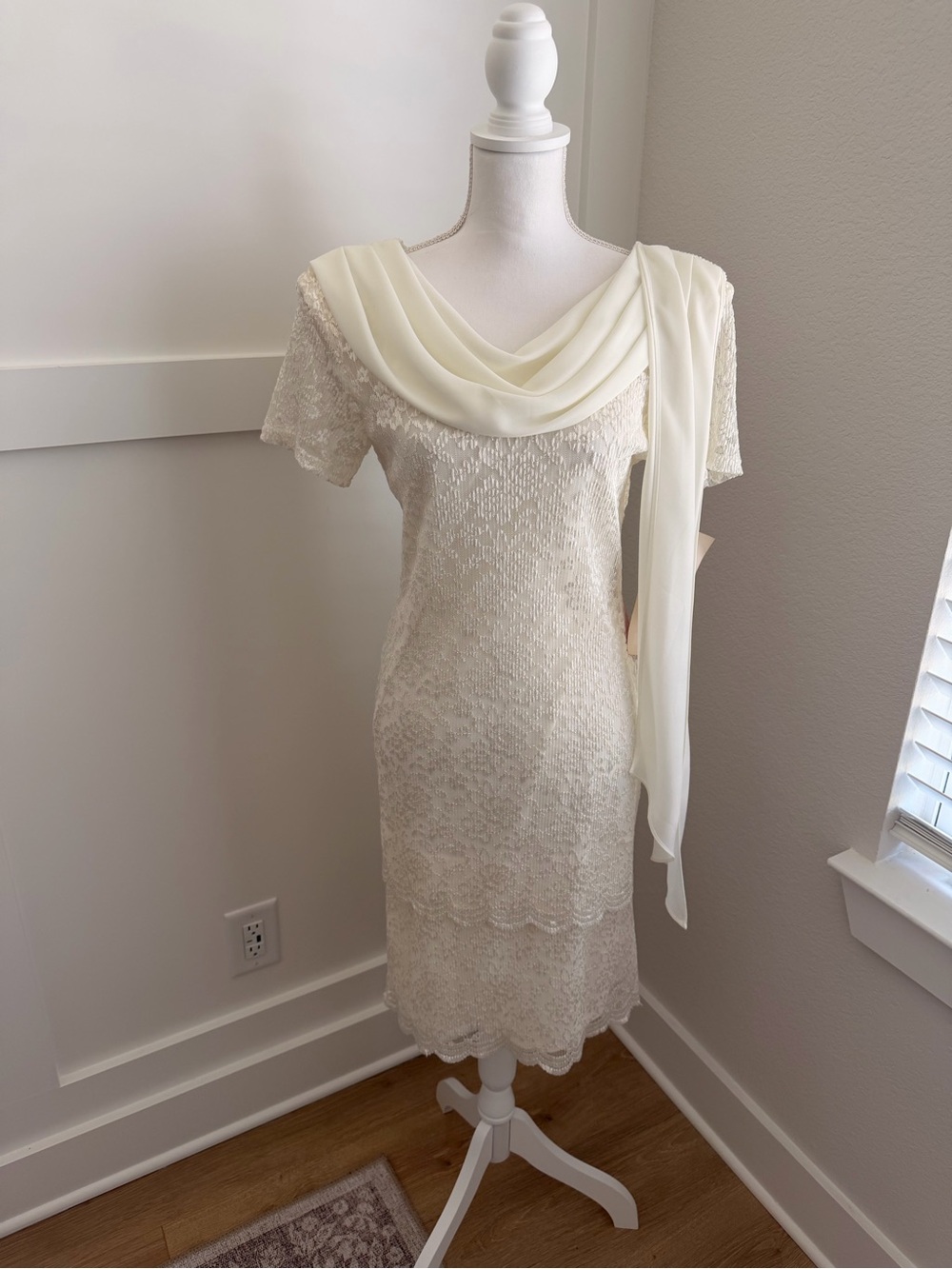 Vintage Miles Blake Ivory Lace Dress Chiffon Scarf Sheath Wedding Bridal S-M
